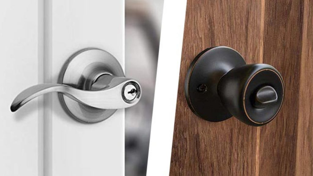 Side by side photos of a lever handle lock and a knob lock